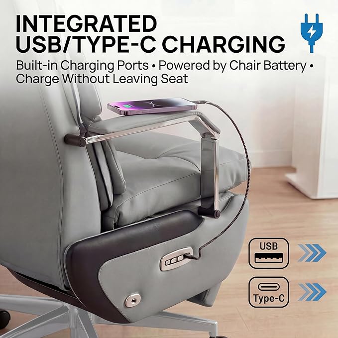 Dual Motor Executive Reclining Office Chair with Footrest – One-Click Electric Recline, Massage Lumbar Support & Pillow, Big and Tall PU Leather Ergonomic Desk Chair for Home Office(Gray)