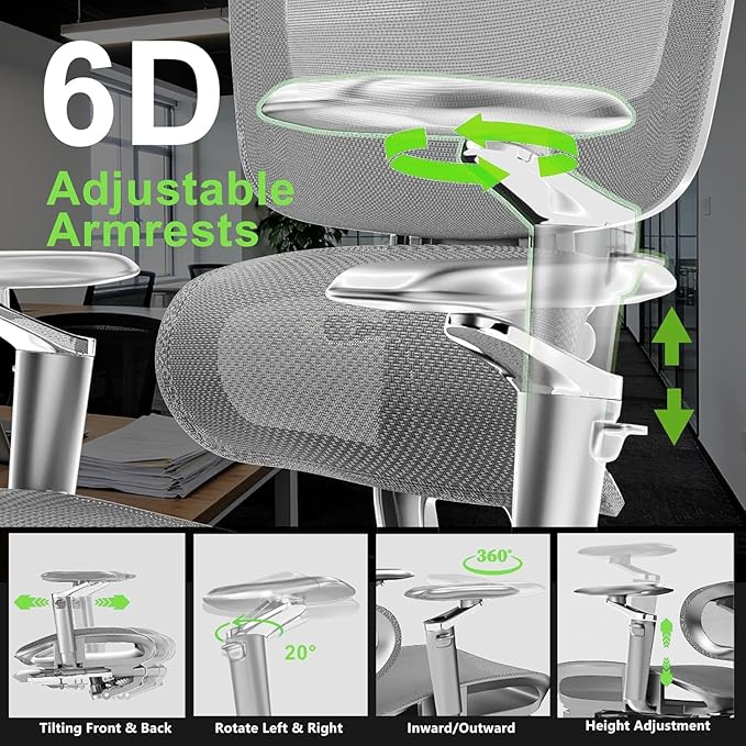 2Pack Ergonomic Office Chair with Footrest,High Back Mesh Desk Chair,Lumbar Support & 90-135°Recline,3D Headrest & 6D Armrests,Swivel Computer Chair for Home Office, Work & Gaming