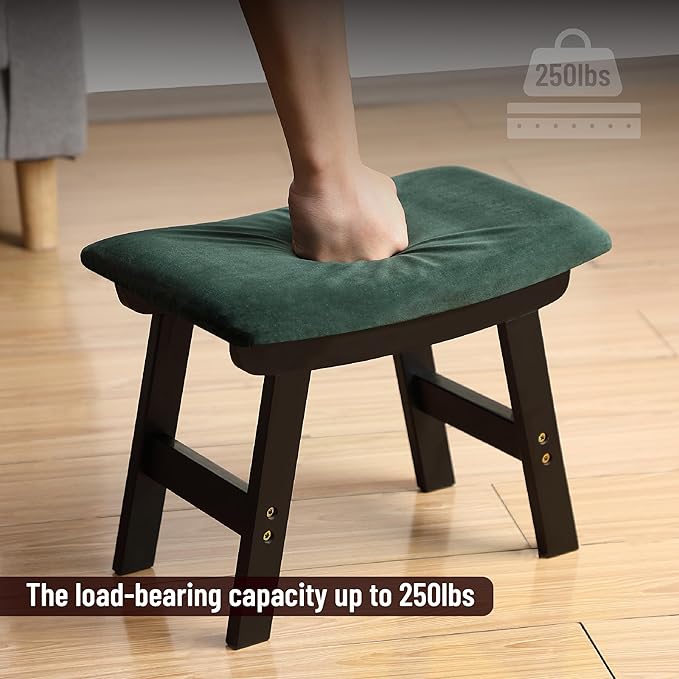 BAMBOO LAND- Bamboo Foot Stools Ottoman, Green Cushion & Black Wood Legs, Small Ottoman Foot Rest for Couch