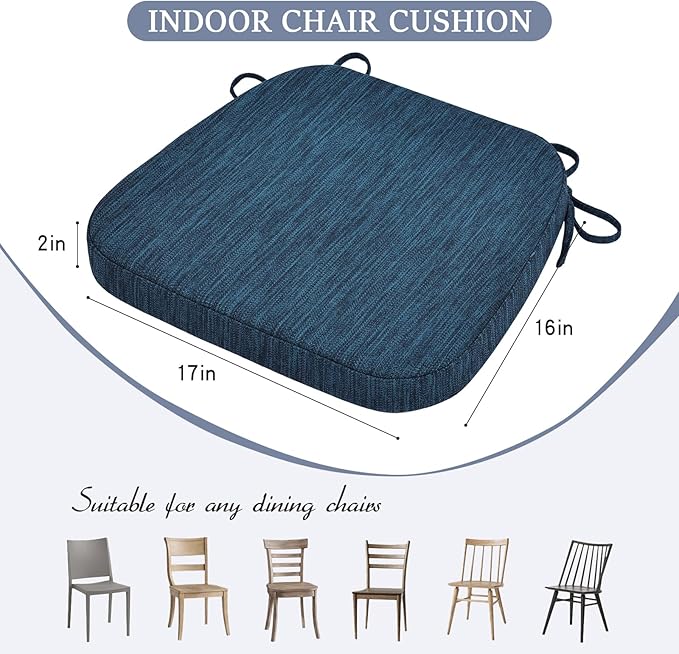 baibu Kitchen Chair Cushions Set of 6, Dual-Layer Patented Design Memory Foam Dining Chair Pads with Ties and Washable Cover, 6 Pack, 17" x 16" x 2", Blue