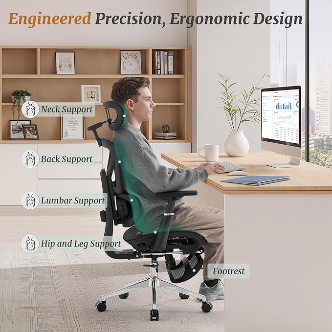 Cozyman Ergonomic Office Chair with Footrest - 5-Level Adjustable Lumbar Support & 90-135°Recline, 3D Headrest & 4D Armrests, Breathable Mesh Seat Computer Chair for Home Office, Gaming, Black