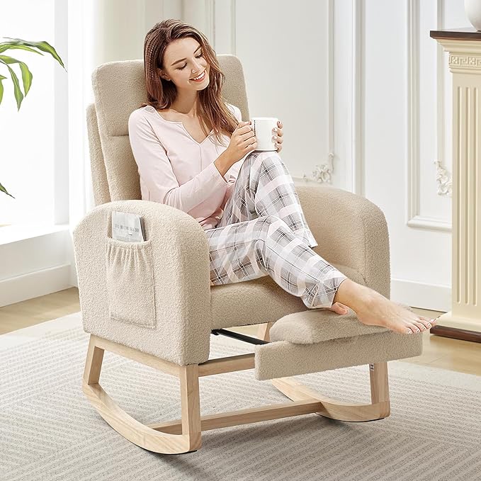 Nursery Rocking Chair with Foot Rest, High Back Upholstered Glider Rocker Chair, Solid Wood Base Lounge Chair for Mom Feeding, Living Room Bedroom Relaxation