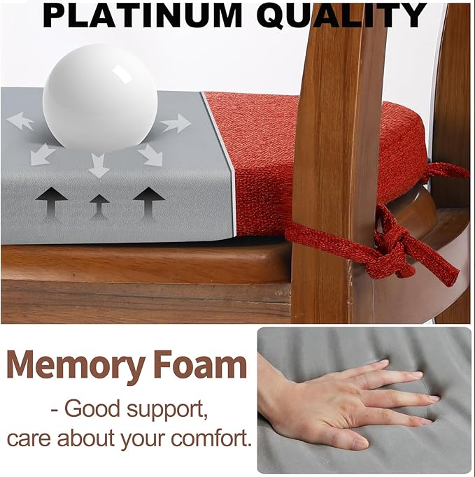 SINOSSO 4 Pack Memory Foam Chair Cushions for Dining Chairs, Friendly Woven Fabric 16" U-Shape Comfortable Kitchen Chair Pads, Removable Slip Resistant Seat Cushions (Set of 4, Red)