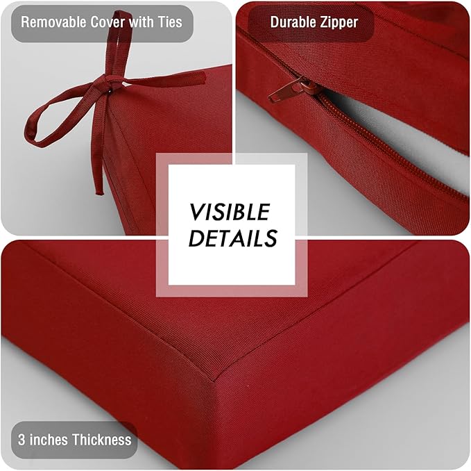 idee-home Outdoor Chair Cushions Set of 2, Waterproof Outdoor Seat Cushions for Patio Furniture, Outside Replacement Chair Pad with Ties for Lawn Deck Porch, 19 x 19 Red
