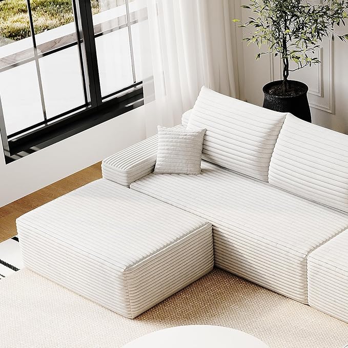 135" U Shaped Boneless Couch with Ottoman, Convertible Sleeper Compression Sofa, Corduroy Couch Sectional for Living Room Bedroom, Deep Seat Foam Cloud Sofas No Assembly, Right Facing Chaise, White