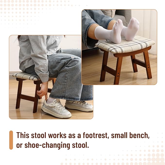 BAMBOO LAND- Bamboo Foot Stools Ottoman, Beige Cushion & Brown Wood Legs, Small Ottoman Foot Rest for Couch