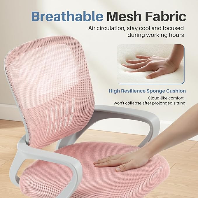 DUMOS Home Office Computer Chair - Ergonomic Mid Back Desk with Lumbar Support and Rocking Mode, Height Adjustable with Fixed Armrest, for Conference Meeting Room, 360° Swivel, Adults, Pink
