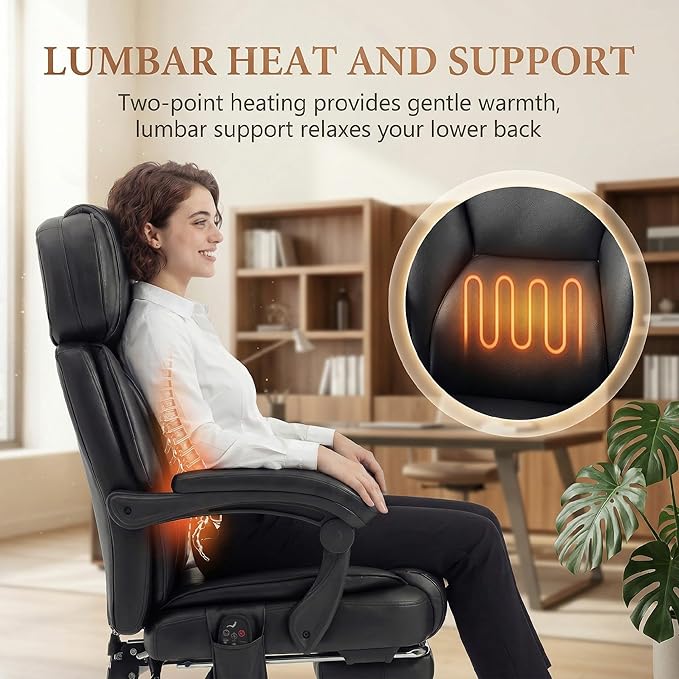 HOMCOM Massage Office Chair with Lumbar Heat, Ergonomic Executive Desk Chair with Adjustable Headrest, 6 Points Vibration, High Back, Reclining, Padded Armrests, Footrest, PU Leather, Black