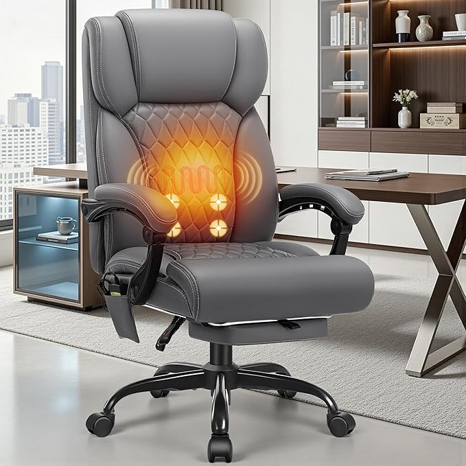 Massage & Heat Office Chair with Footrest, 400LBS Reclining Ergonomic Executive Chair for Big & Tall, High Back Home Office & Gaming Desk Chairs for Heavy People, Grey