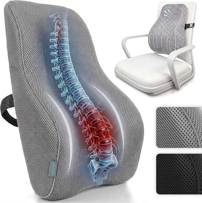 Vive Full Lumbar Cushion - Memory Foam Contour Support for Lower Back Pain - Ergonomic Pressure Relief for Office Chair, Car - Large Mesh Orthopedic Seat Backrest Roll for Improving Posture (Gray)
