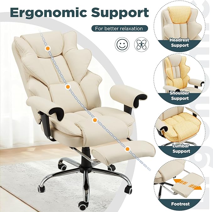 HOMREST Ergonomic Executive Office Chair, 6-Point Massage Manager Chair with Heating Function, Adjustable Backrest Home Office Chair with Adjustable Footrest and Armrests (Beige)