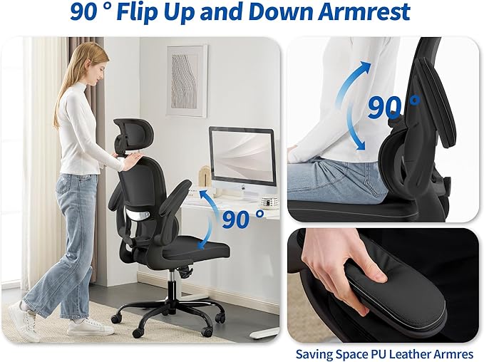 TRALT Ergonomic Office Chair - Desk Chair with Adjustable Headrest Lumbar Support Computer Chair - Mesh Comfy Chair with Flip-up Armrests - Gaming Chair for Adults Home Office PU, Black, Pack of 8