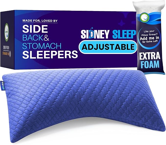 Sidney Sleep Pillow for Side and Back Sleepers - Comfort for Neck and Shoulder Pain - Adjustable and Customizable Shredded Memory Foam Filling - King Size - Extra Foam Fill Included (Blue, King)