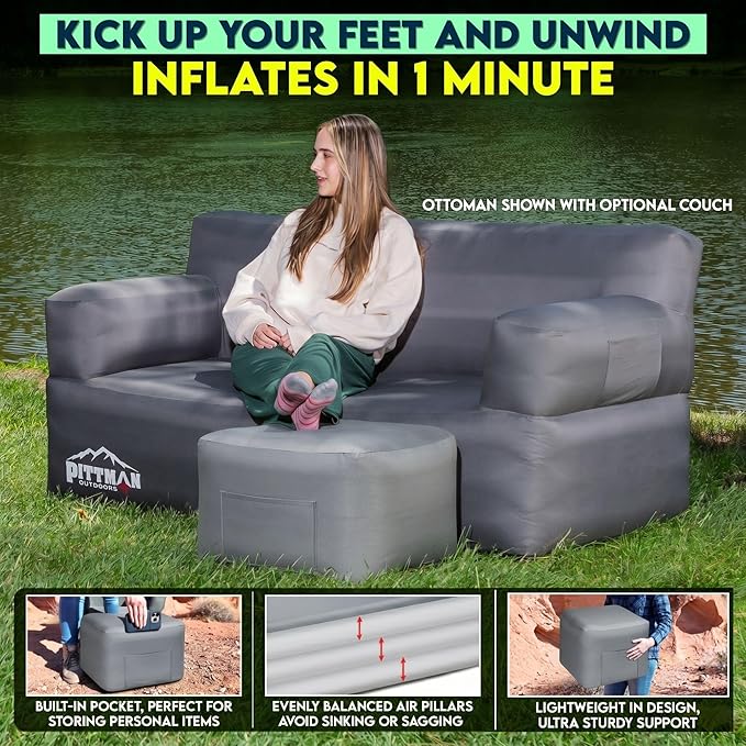 Pittman Inflatable Ottoman Foot Rest for Camping - Outdoor Pouf Ottoman is Waterproof for Camping & Patio - Removable Cover for Easy Cleaning - Inflatable Foot Stool Matches Our Popular Furniture Set