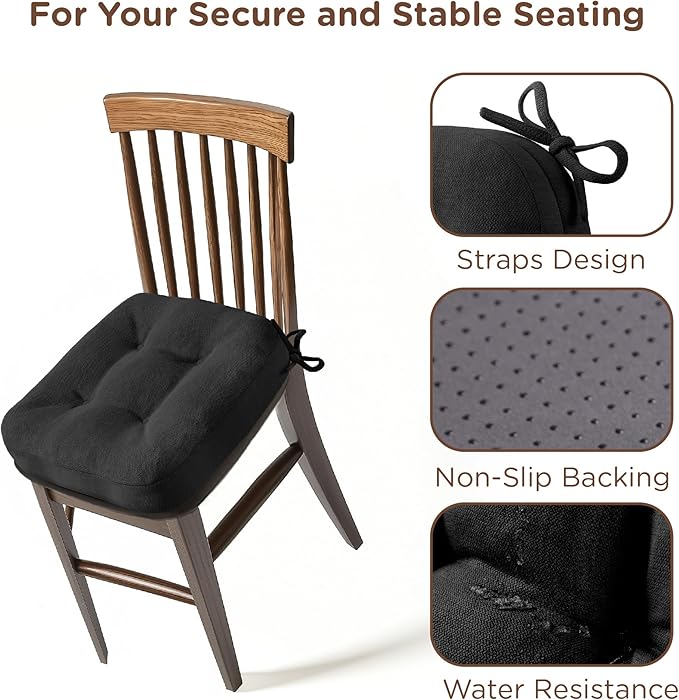 Codi 6 Pack Dining Chair Cushions, Thick Chairs Pads for Indoor Kitchen Room - Washable, Non-Slip Memory Foam Seat Cushion with Ties, 16.5"x16.5"x 3.5", Set of 6, Black New