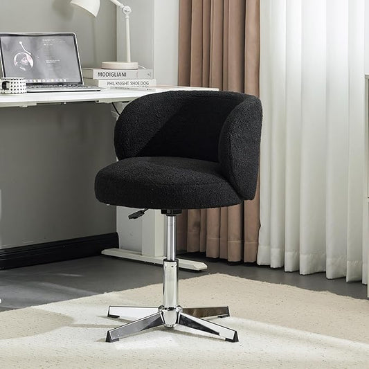 VINGLI Cute Small Swivel Desk Chair Comfy no Wheels,Ergonomic Low-Back Lumbar Support Vanity Nail Tech Computer Task Stool Chair for Home Office,Height Adjustable,Teddy Fleece,Black