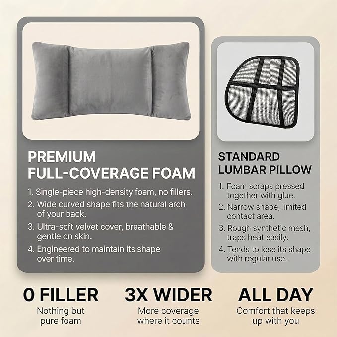 Sofa-Level Lumbar Support Pillow for Car Seat, Plush Velvet Back Cushion with 3-Zone Support, Soft & Supportive Lumbar Pillow for Driving, Office Chair, Home Decor (Gary)
