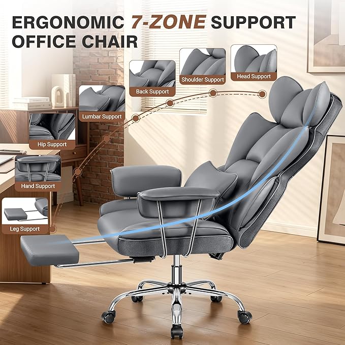 ALLGOD Office Chair Comfy, Big and Tall Executive Leather Chair, High Back Ergonomic Wide Chair with Footrest, Reclining Computer Desk Chair, Heavy Duty Gaming Chair with Padded Arm and Pillow, Grey