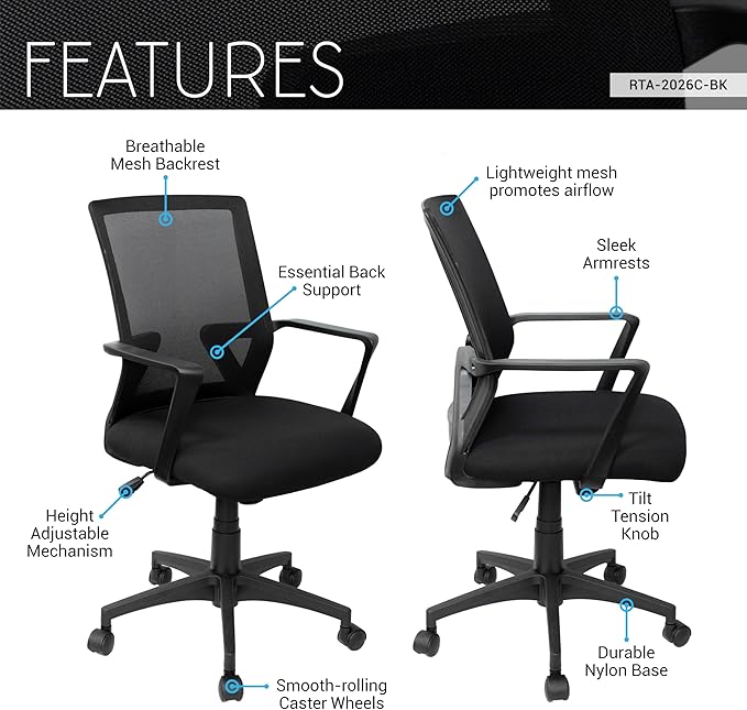 Techni Mobili Ergonomic Mesh Office Chair, Breathable Black Task Chair for Home Office or Study with Adjustable Height & Tilt, Affordable Desk Chair with Lumbar Support, Swivel Base & Armrests
