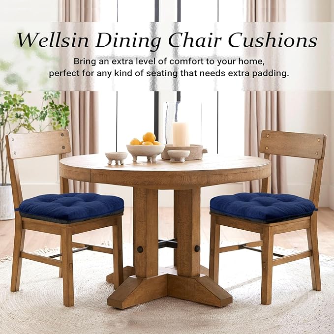Wellsin Chair Cushions for Dining Chairs, Non-Slip Kitchen Chair Pads with Ties, Tufted Shredded Foam Kitchen Chair Cushions Set of 4, 15.5" X 15.5", Royal Blue