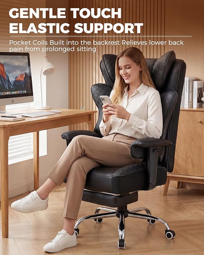 GTPLAYER Big and Tall Office Chair Wide Ergonomic Gaming Chair with Deluxe Embossing Designed Leather with Foot Rest,150°Reclining Adjustable Soft Armrests Pocket Spring Back Support and Pillow
