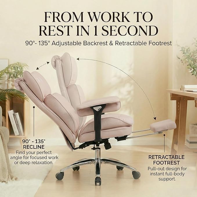 Efomao Big & Tall Executive Office Chair with Footrest - 400lbs Heavy Duty High Back PU Leather Desk Chair, Modern Ergonomic Reclining Computer Chair, Pink