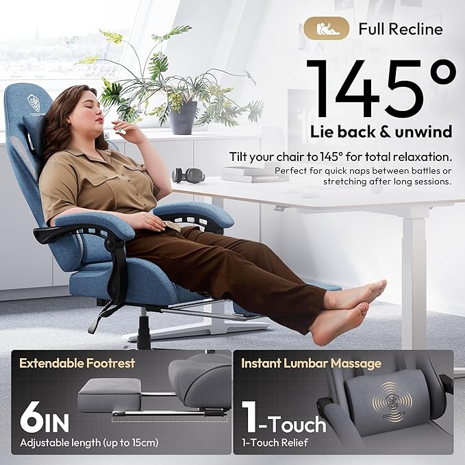 Dowinx Gaming Chair Fabric Big and Tall with Pocket Spring Cushion, Massage Game Chair Cloth with Headrest, Ergonomic Computer Chair with Footrest 350LBS, Blue