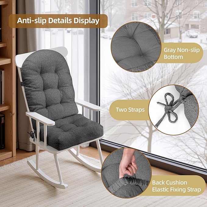 Rocking Chair Cushion - Lola Cotton-Linen Fabric, High-Density Sponge, Durable Comfort Non-Slip Bottom Tufted Seat Pads with Ties, Lola︱Charcoal Gray, 44x19x4 inch