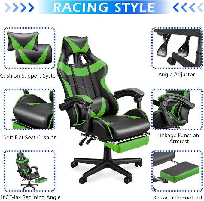 Soontrans Gaming Chair Green,Racing Gaming Chair with Footrest,Ergonomic Computer Gamer Chair,Game Chair with Adjustable Headrest and Lumbar Support