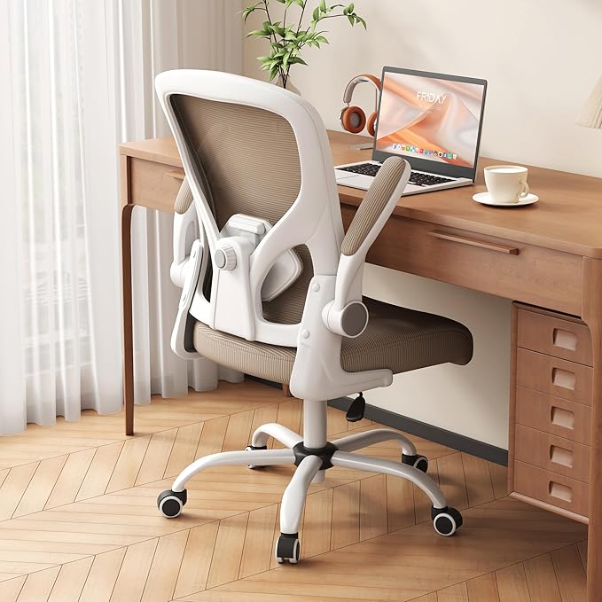 Office Chair, Ergonomic Desk Chair with Adjustable Lumbar Support Flip-up Arms,Comfortable Swivel Mesh Back Computer Chair Executive Task Chair for Home Office Use (Khaki)