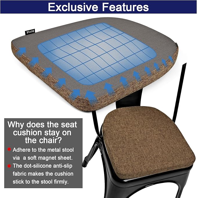 BUYUE Friendly Woven Fabric 14x14 Magnetic Cushions for Metal Chair Set of 4, Enhanced Anti-Slip Seat Pads for Dining Kitchen Café Stackable Chairs (U-Shape, Brown, 4 Counts)