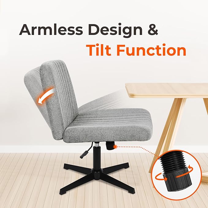 NEO CHAIR Criss Cross Chair No Wheels Armless Cross Legged Office Desk Wide Comfy Vanity Makeup Chair Adjustable Computer Task for Home Office Fabric (Grey)
