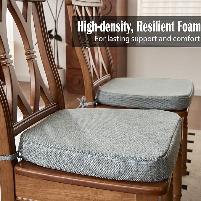 2'' Thick High-Density Foam Indoor Chair Cushions | Dining Chair Pads with Ties, Removable Washable Cover, Kitchen Chair Cushions 17"x16", Silver Blue 6 Pack
