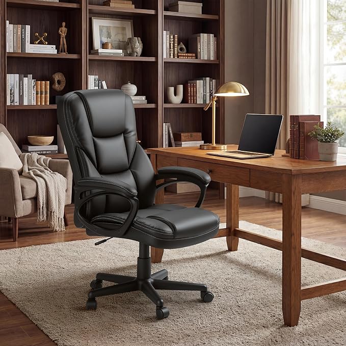 Shahoo Ergonomic Office Chair Executive Adjustable Desk Chair with Flip-up Armrests PU Leather Swivel Computer Chair for Home Office Gaming, Lumbar Support Space Saving 300lbs Capacity, Black