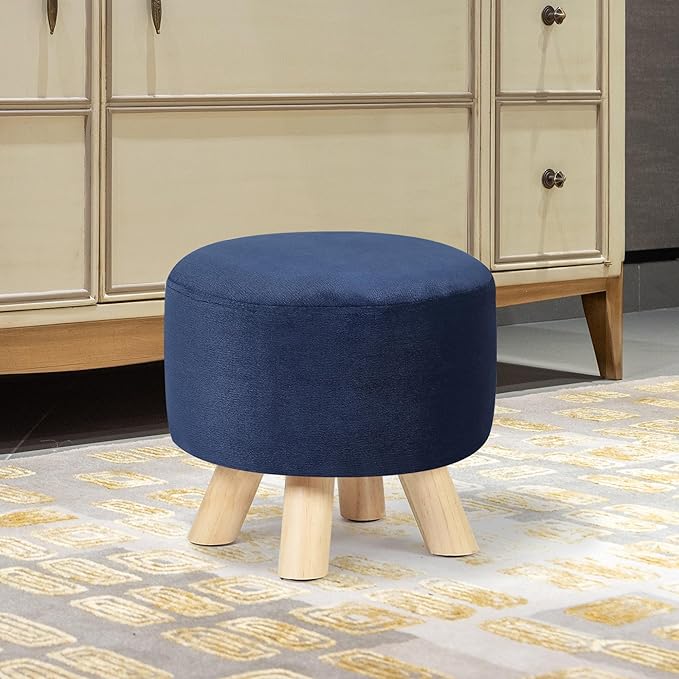 Homebeez Round Ottoman Stool Velvet Foot Rest, Small Footstool with Non-Skid Legs (Dark Blue)