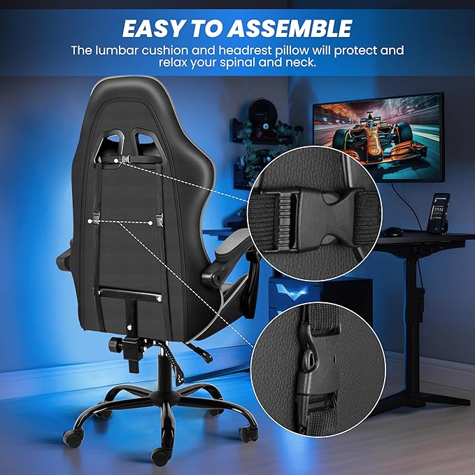 Gaming Chair, Ergonomic Computer Chair with Footrest and Lumbar Support, Height Adjustable Office Chair with 360° Swivel Seat and Headrest