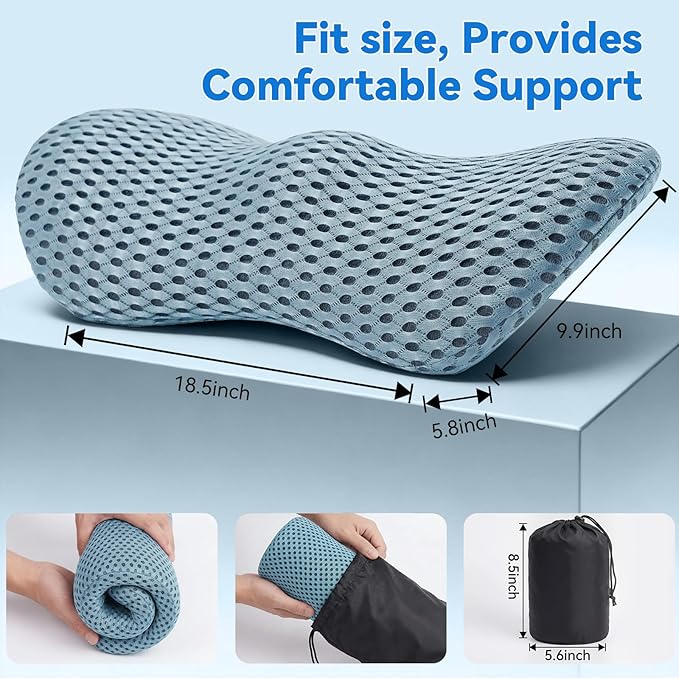 Lumbar Support Pillow, Memory Foam Lumbar Pillow for Office Chair and Car Seat, Back Pillow for Lower Back Pain Relief, Back Support Pillow for Sitting, Driving, Traveling (Blue)