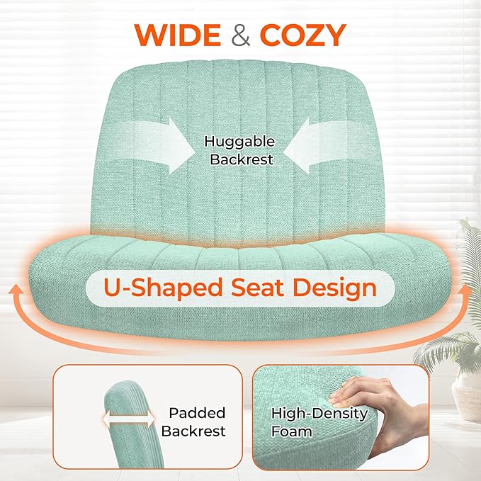 Orange Factory Criss Cross Chair Wheels Wide Cross Legged Office Desk Vanity Chair Comfy Fabric Armless Adjustable Swivel for Home Computer Task (Mint Wheel, Fabric)