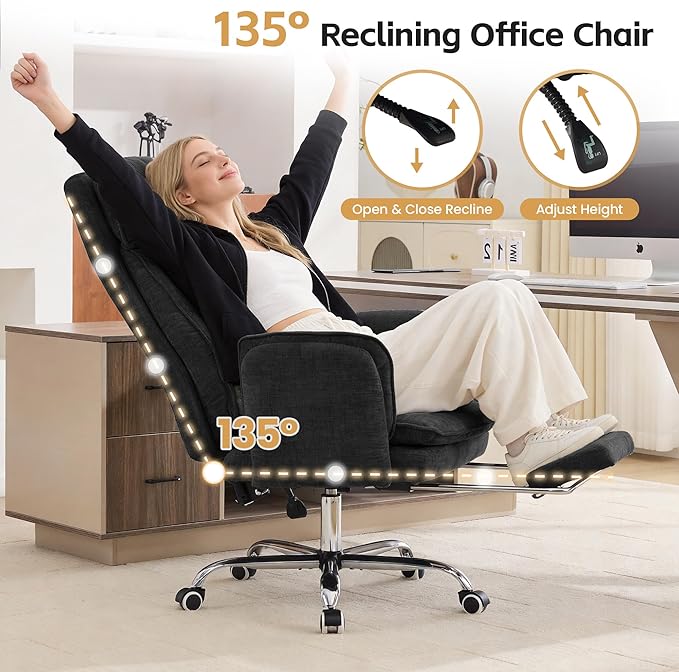Big and Tall Office Chair, Cloud Reclining Office Chair with Footrest & Flip Armrest for Pets, Executive Ergonomic Criss Cross Desk Chair, Swivel Gaming Chair with Lumber Pillow, Chenille Dark Black