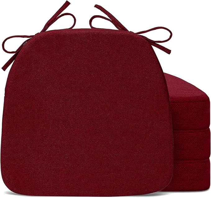 Sunsleek Chair Cushions for Dining Chairs, D-Shaped Seat Cushions with Removable Washable Cover and Ties, Chair Pads for Kitchen, Indoor Dining Room, Patio Chairs, 17'' x 16'', Set of 4, Red