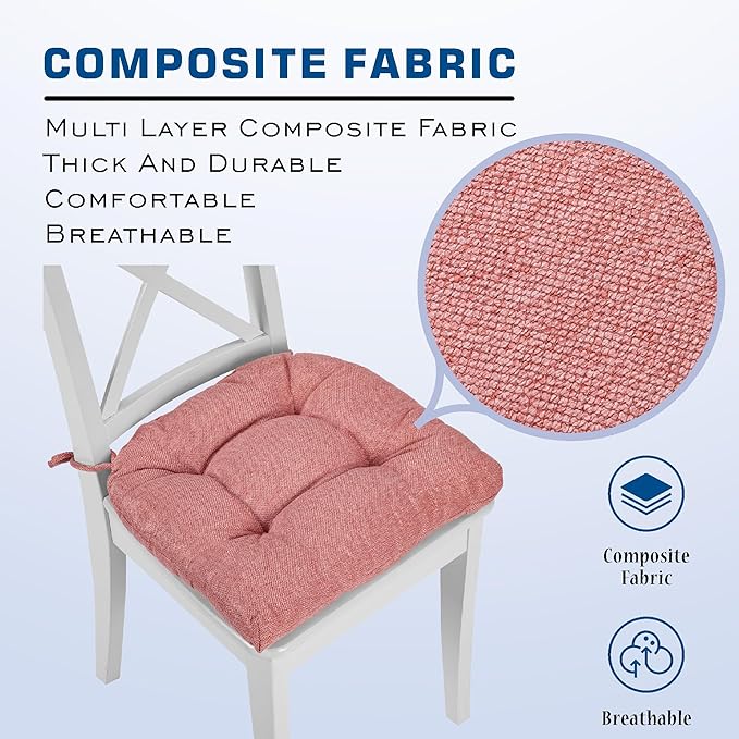 SQUARE MOON D-Shaped 3" Thick Chair Cushions, Chair Pads for Dining Chairs and Kitchen Chairs, Indoor Dining Room Seat Cushions with Ties, Machine Washable, 17" x 16" x 3", 4/Pack, Dark Pink