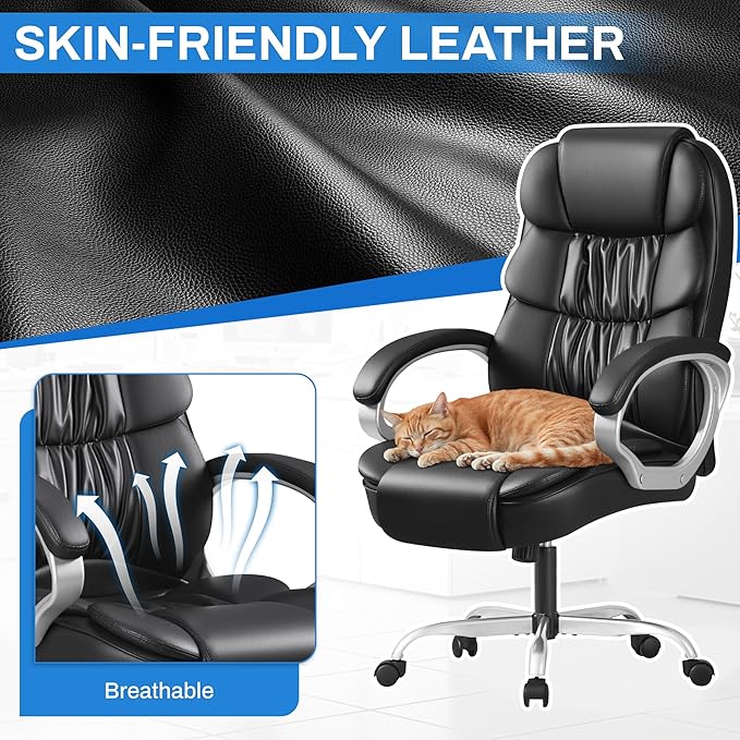 Furmax Leather High Back Office Chair Ergonomic Executive Office Chair Swivel Computer Desk Chair Lumbar Support Soft Cushioned Padded Arms (Black)