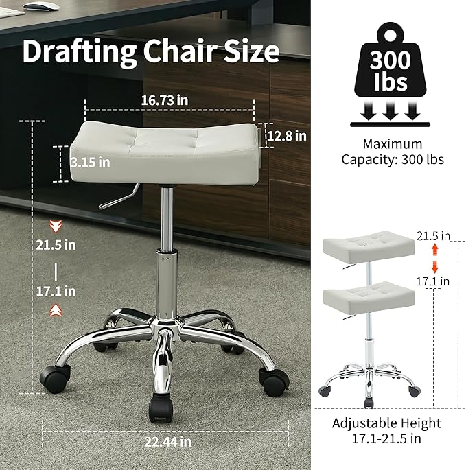 FIRAVOE Adjustable Drafting Stools 17-21 inch (Saddle Shaped Seat) (300lbs Capacity) Office Stool with Wheels (Gray)