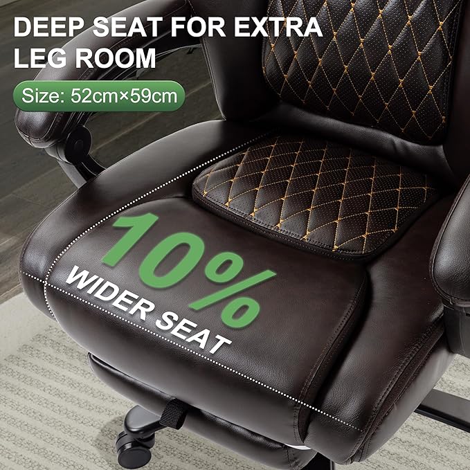 Reclining Office Chair with Retractable Footrest & Adjustable Lumbar Support - 500 lbs Capacity for Big and Tall Users, Leather Executive Desk Chair for Home Office, Work, and Relaxation, Brown