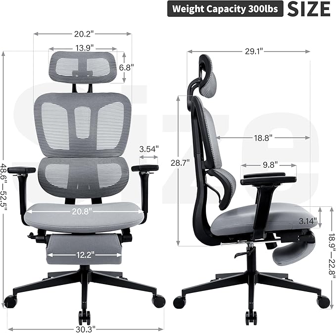 Ergonomic Office Chair with Footrest, 90-135° Reclining High Back Desk Chair with Lumbar Support, 2D Headrest, 4D Armrests, Computer Chair for Long Hours, Dark Grey
