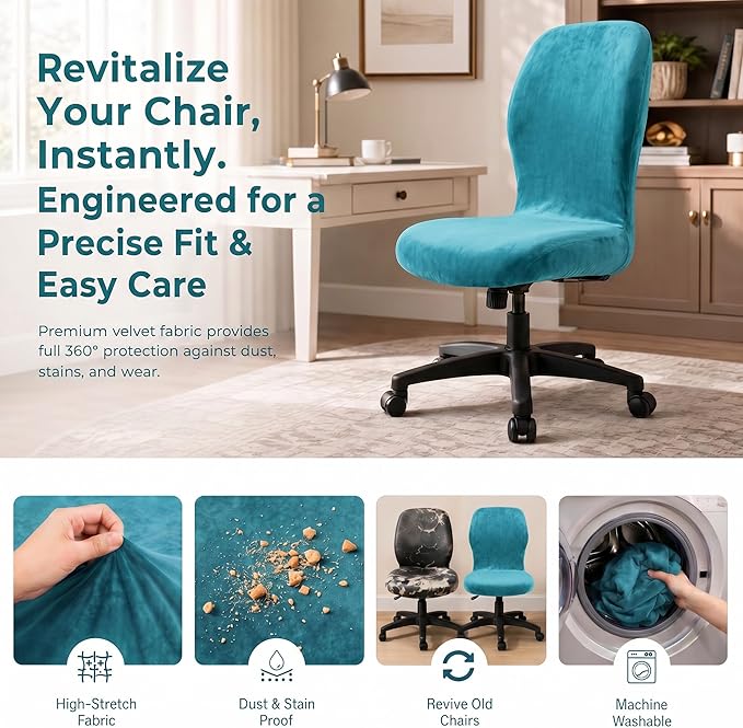Deisy Dee Velvet Stretch Armless Office Chair Covers - Colorful Stretch Slipcover for Desk Chairs (Turqouise)
