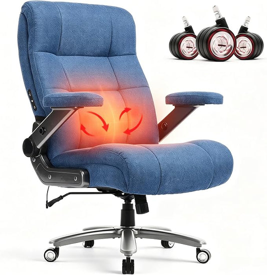 600LBS Big and Tall Massage Office Chair, Extra Wide Seat - 3D Kneading Massage & Heat Office Chair with Heavy Duty Metal Base, 3D Flip Arms, Fabric Ergonomic with Thick Spring Cushion
