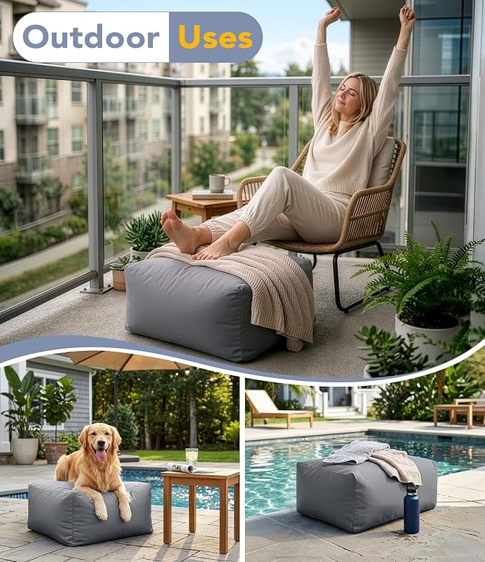 Outdoor Patio Bean Bag Ottoman - Small Beanbag Foot Rest Pouf Rectangular with Shredded Foam Filling, Splash-Proof Detachable Zipper Cover for Relaxing, Gray