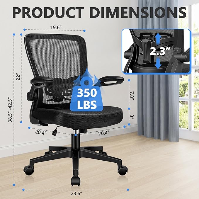 KLASIKA Desk Chairs with Wheels, Ergonomic Mesh Office Chair Adjustable Height and Swivel Lumbar Support Home Office Chair with Flip Up Armrests, Set of 2