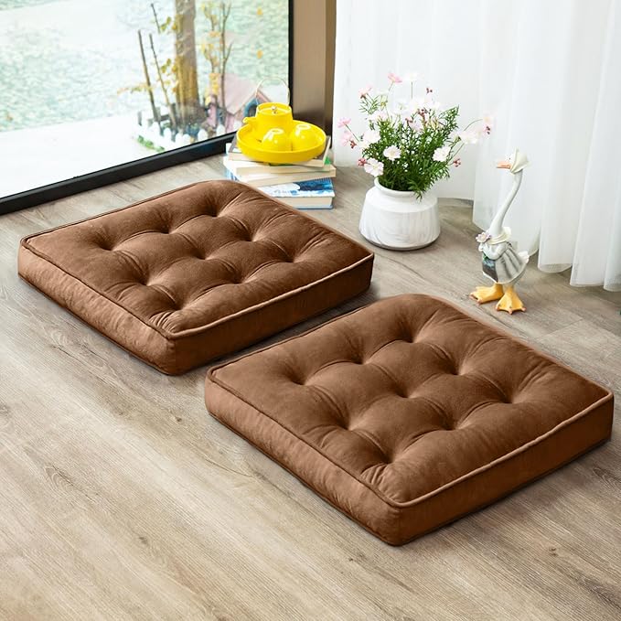 1 MIDDLE ONE Floor Pillow Set of 2, Memory Foam Meditation Cushion, Floor Cushions for Adults Sitting, Large Square Seat Cushions for Yoga, Couch, Sofa, Kids, Living Room, 22x22 Inch (Brown)